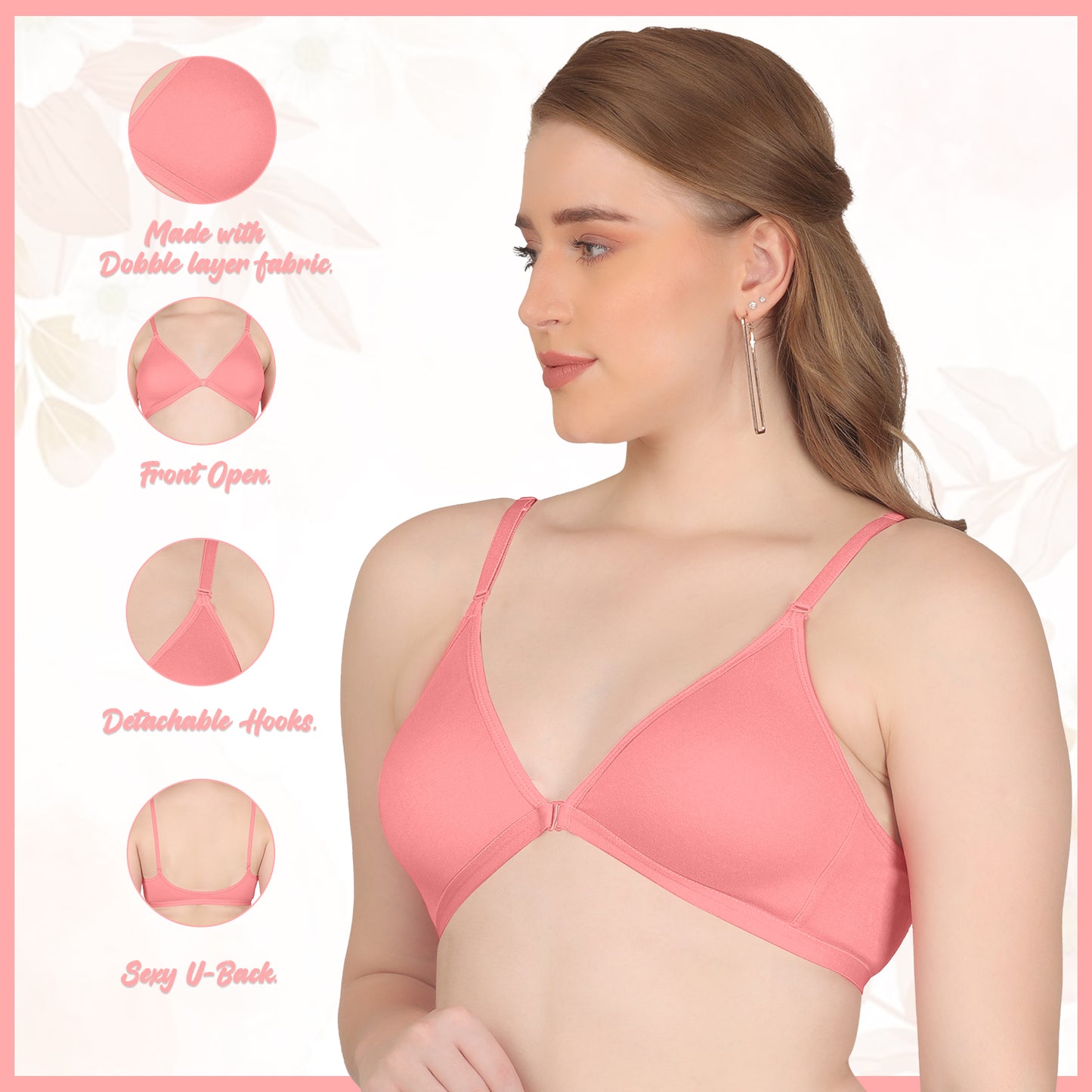 POOJA RAGENEE Double Layer Front Opener Hooks Detachable Strap Bra BQ2184 Baby Pink