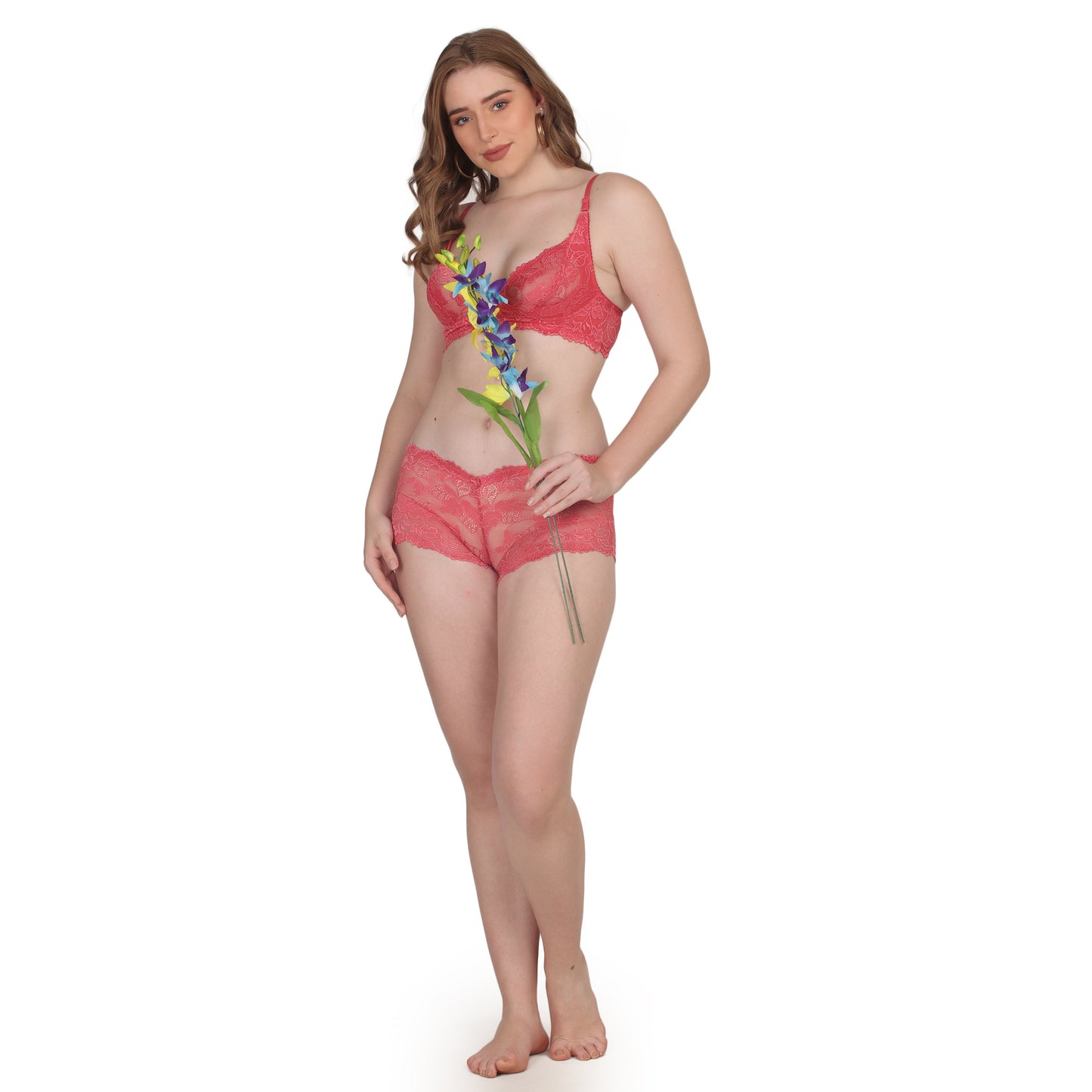POOJA RAGENEE Comfortable & Smooth Net Fabric Set ST04 Coral