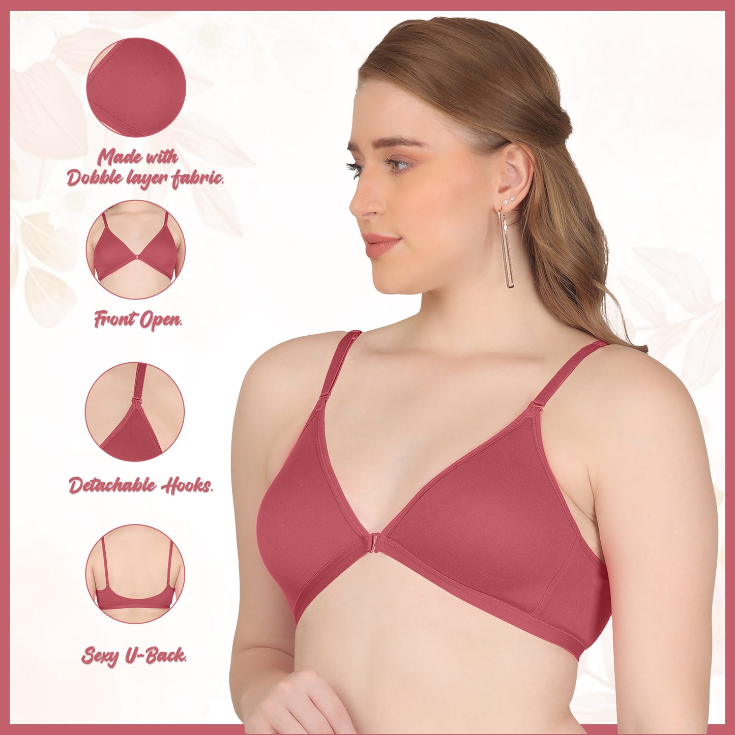POOJA RAGENEE Double Layer Front Opener Hooks Detachable Strap Bra BQ2184 Dark Pink
