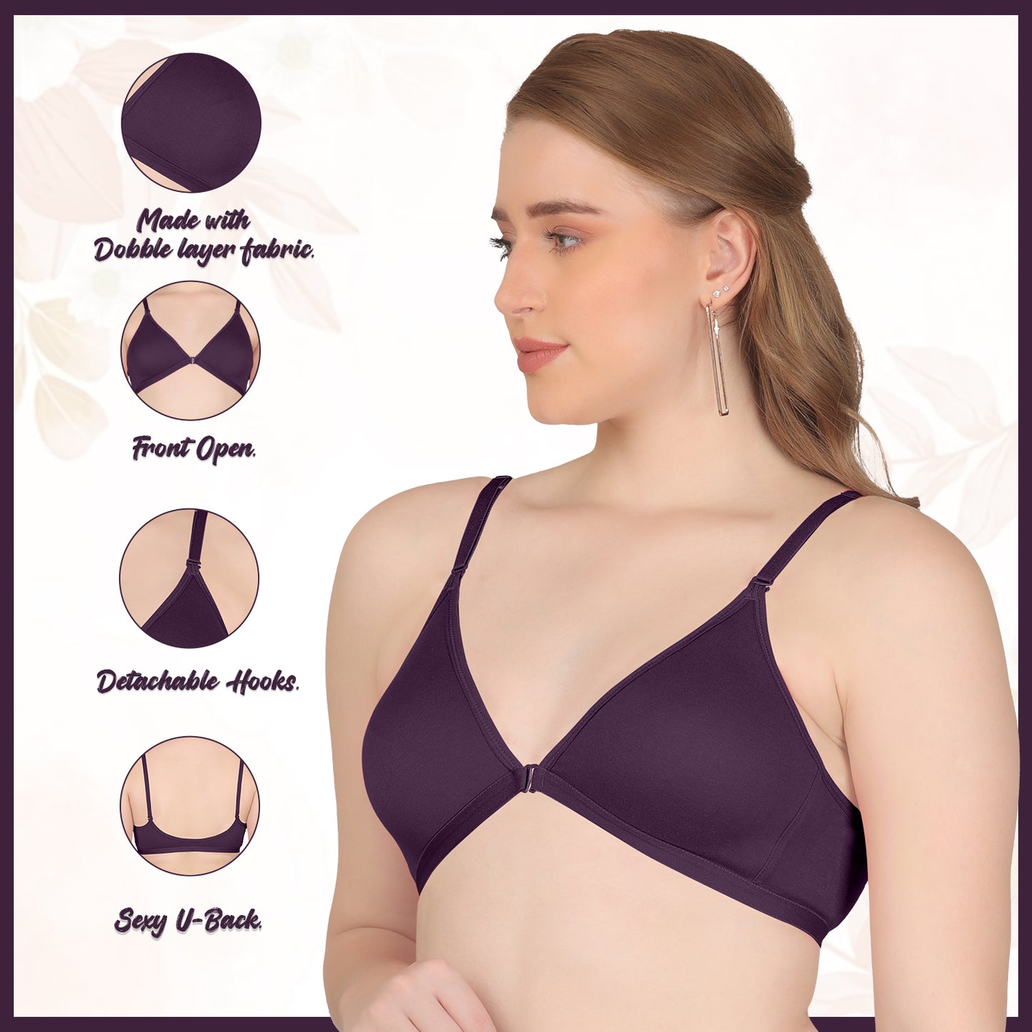 POOJA RAGENEE Double Layer Front Opener Hooks Detachable Strap Bra BQ2184 Wine