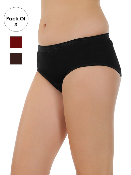 POOJA RAGENEE Women's Regular Pure Cotton Panty PQ5032 Black-Maroon-Brown