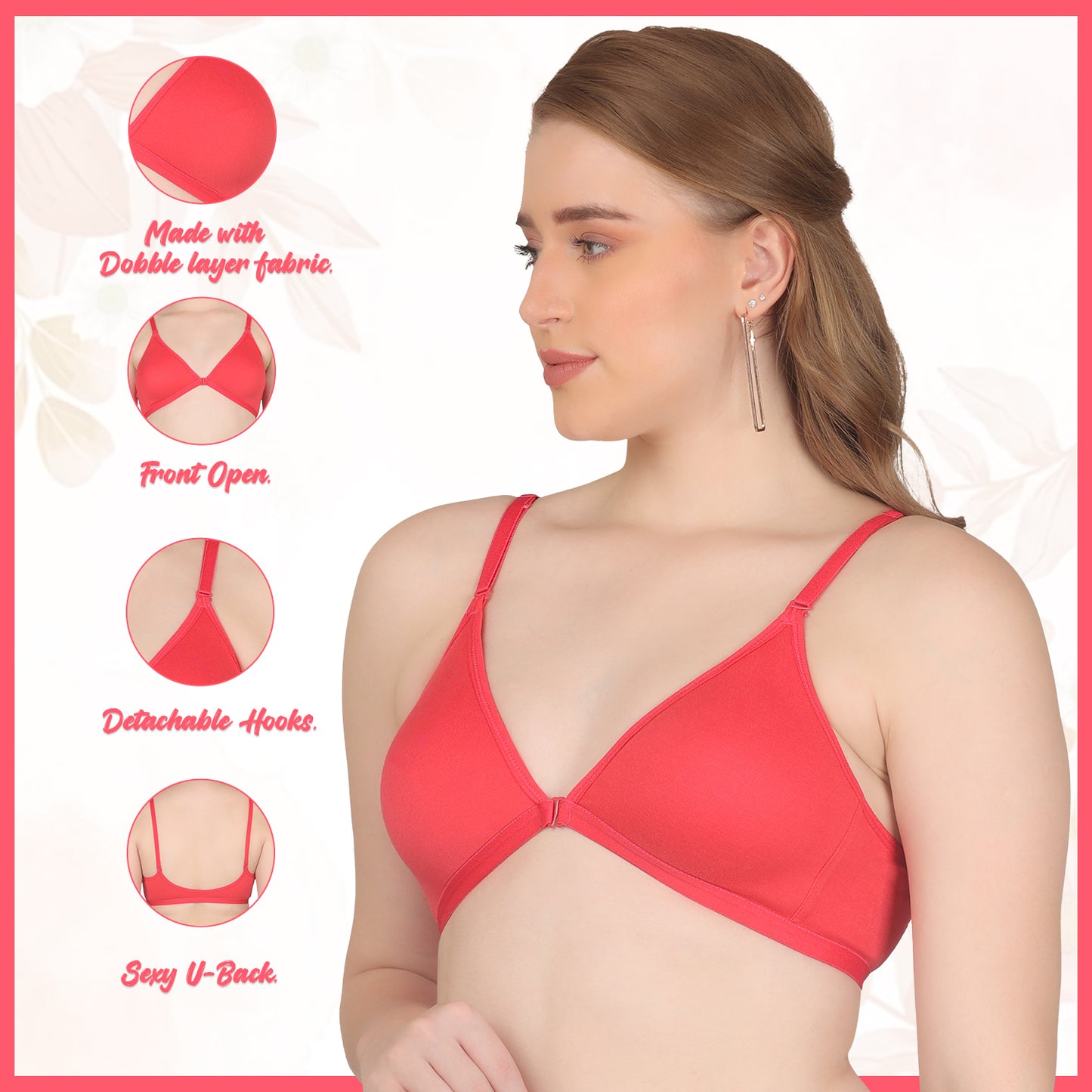 POOJA RAGENEE Double Layer Front Opener Hooks Detachable Strap Bra BQ2184 Coral