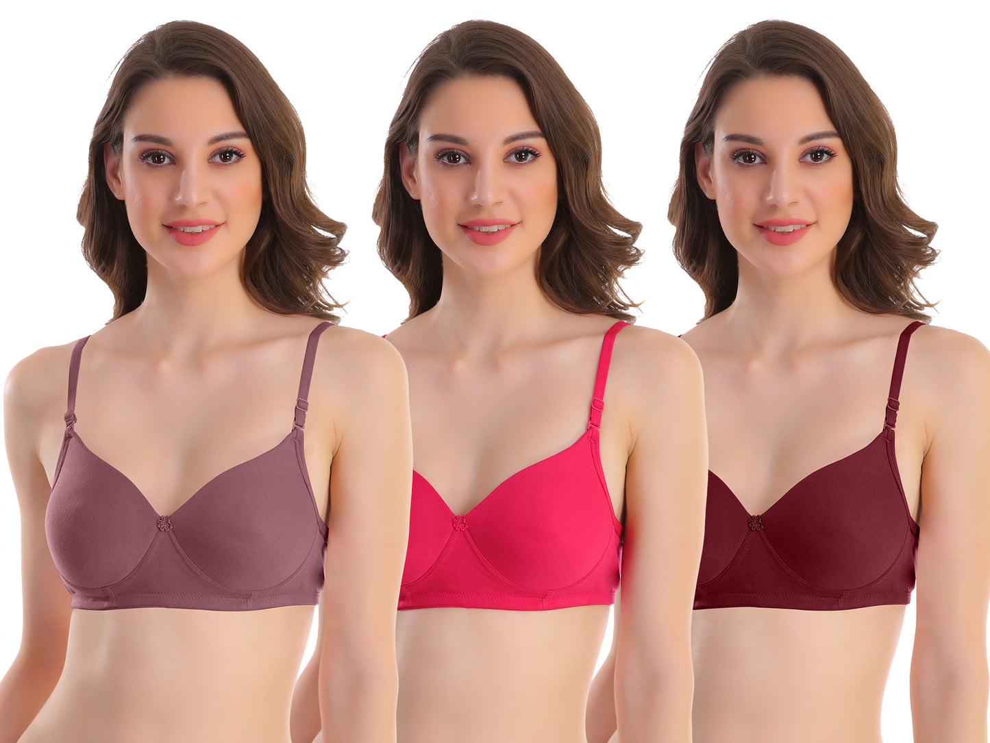 Pooja Ragenee Womens Full Coverage Padded Mould Cotton Bra FQ8005 Drak Pink-Magenta-Maroon