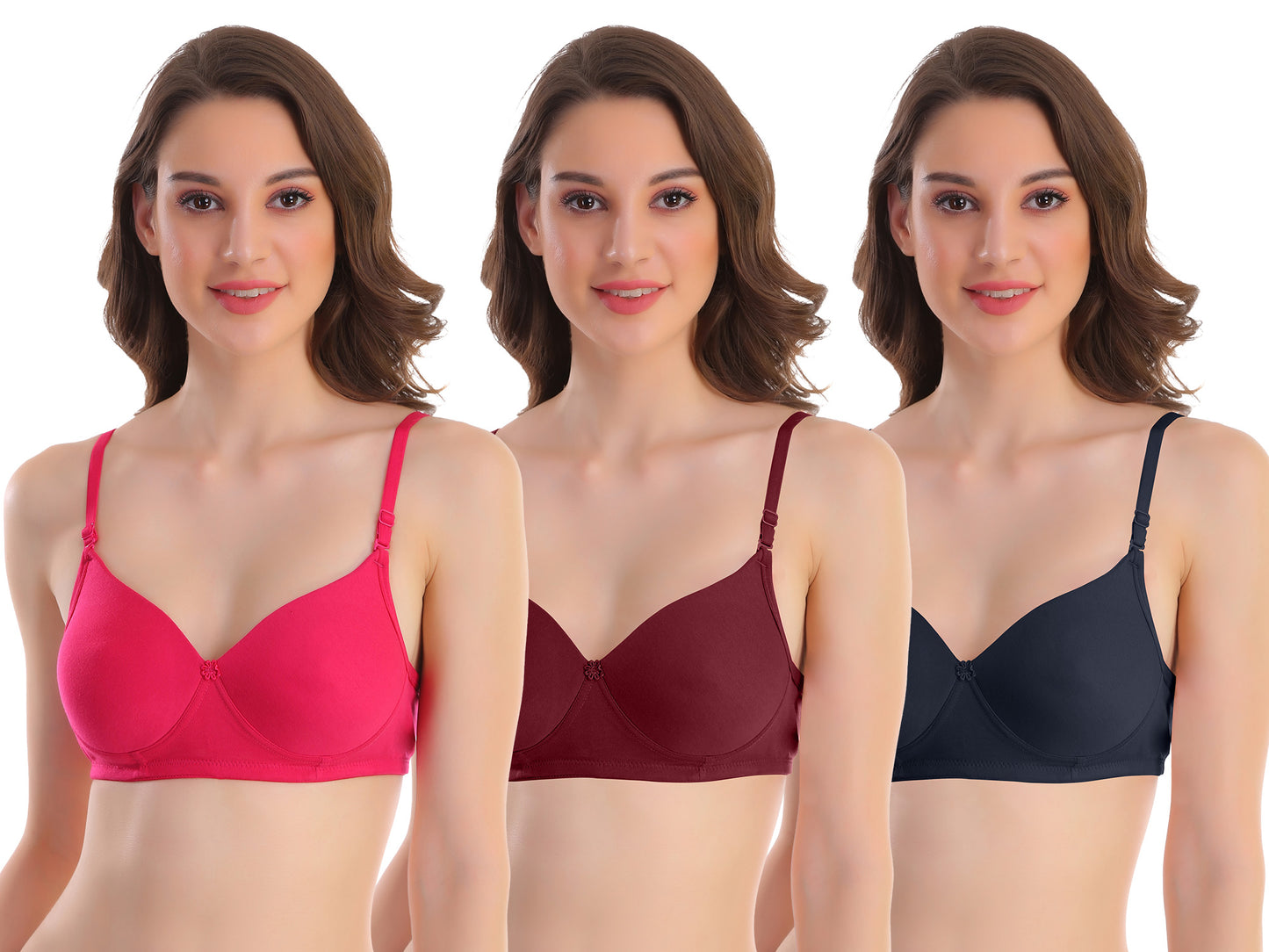 Pooja Ragenee Womens Full Coverage Padded Mould Cotton Bra FQ8005 Magenta-Maroon-Navy Blue