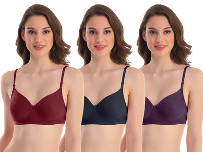 Pooja Ragenee Womens Full Coverage Padded Mould Cotton Bra FQ8005 Maroon-Navy Blue-Wine