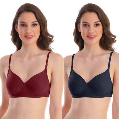 Pooja Ragenee Womens Full Coverage Padded Mould Cotton Bra FQ8005 Maroon-Navy Blue