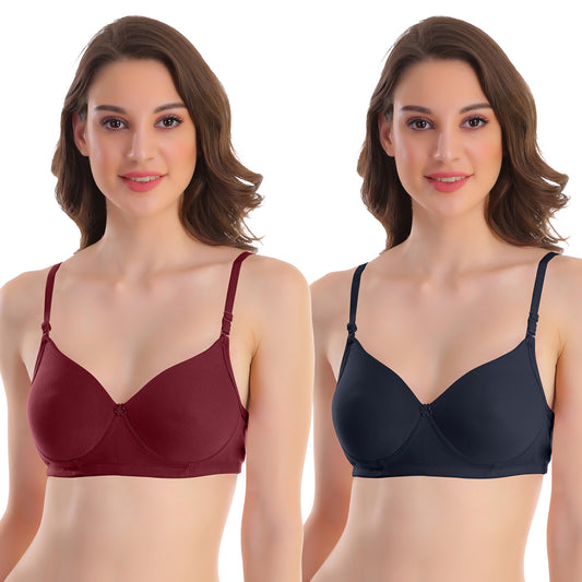 Pooja Ragenee Womens Full Coverage Padded Mould Cotton Bra FQ8005 Maroon-Navy Blue