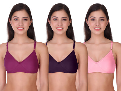 Pooja Ragenee Womens Full Coverage Non Padded Mould Cotton Bra MQ3055 Purple-Wine-Baby Pink